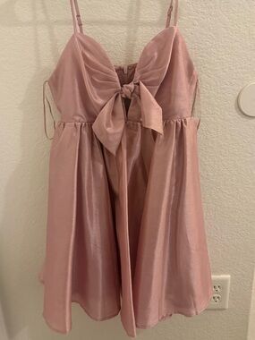 Francesca's Audrey Parks Dusty Pink Satin Dress with Bow Detail